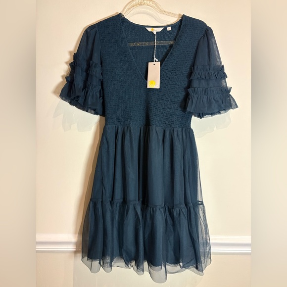 Boden NWT Tulle Smocked Mini Party Dress in Seaweed (Teal/Green) Size 2 - Picture 6 of 10